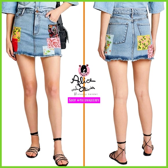 Alice + Olivia Denim - Alice + Olivia Patchwork Good High Rise Floral Denim Jeans Mini Skirt